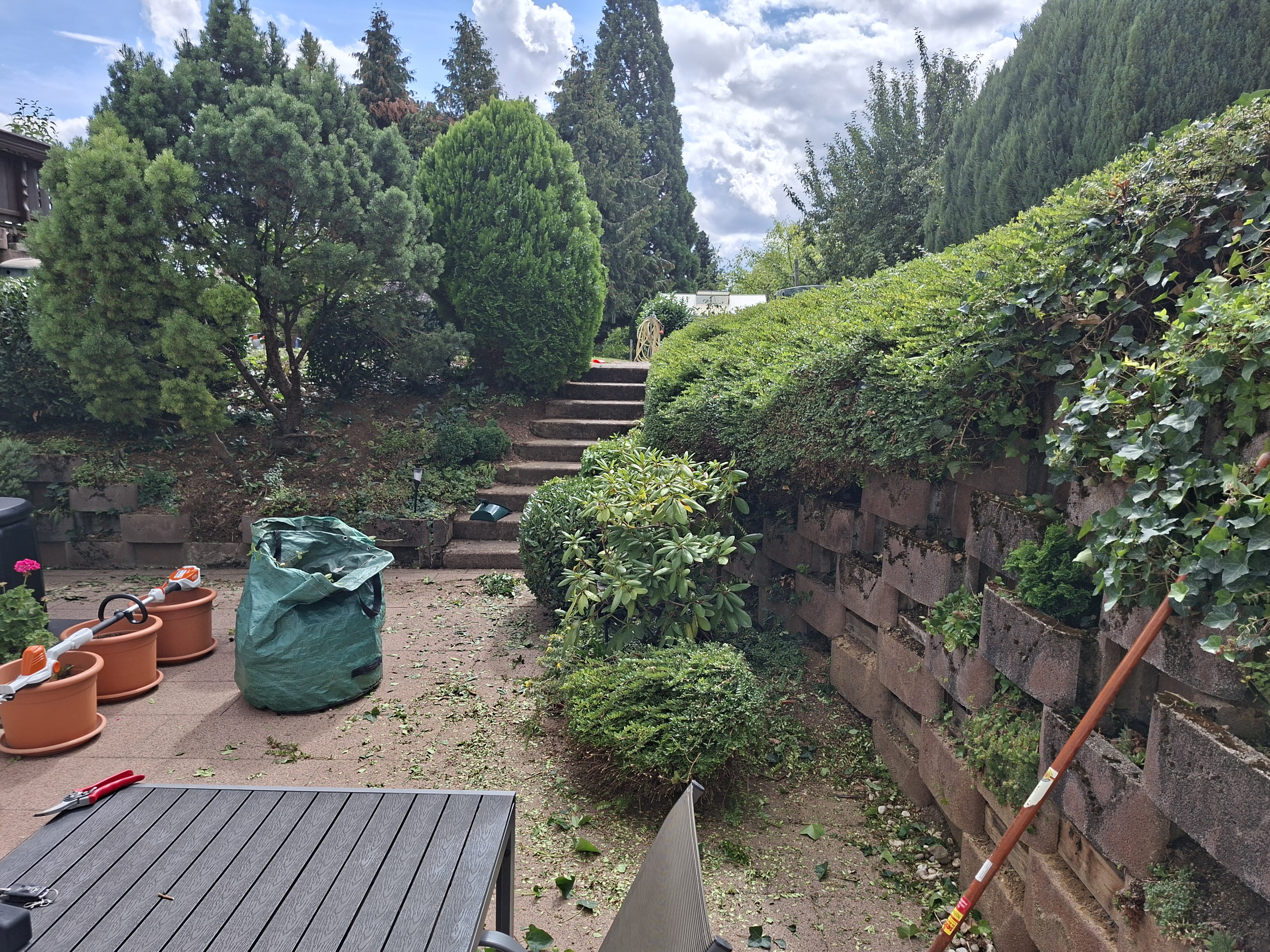 Gepflegter Garten mit Treppe und Hecken